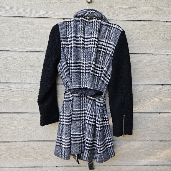 Guess black and white plaid belted wool-blend mid-length coat XXL - Picture 3 of 9
